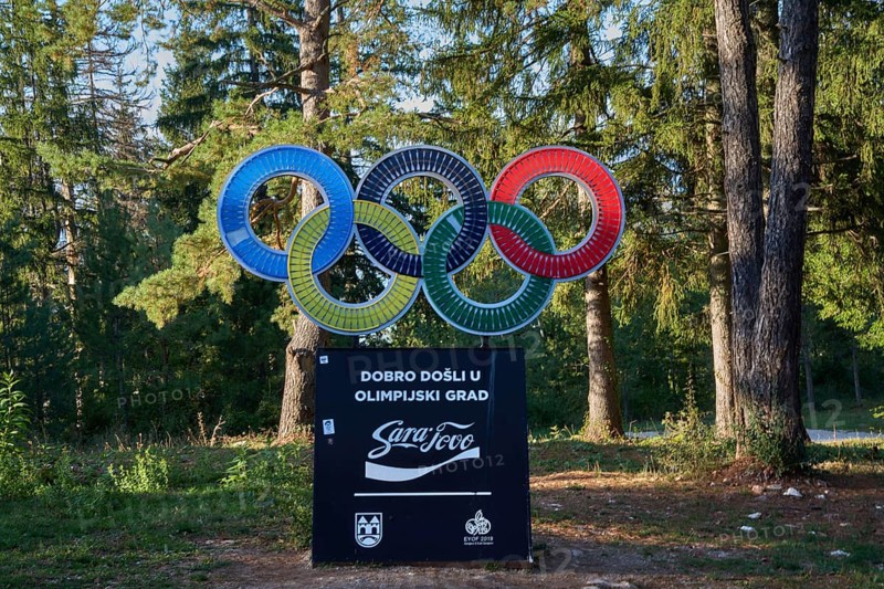 Olympic rings, commemoration of the 1984 Sarajevo Winter Olympics, on Mount Trebevic, Sarajevo, Sarajevo, Bosnia and Herzegovina, Europe