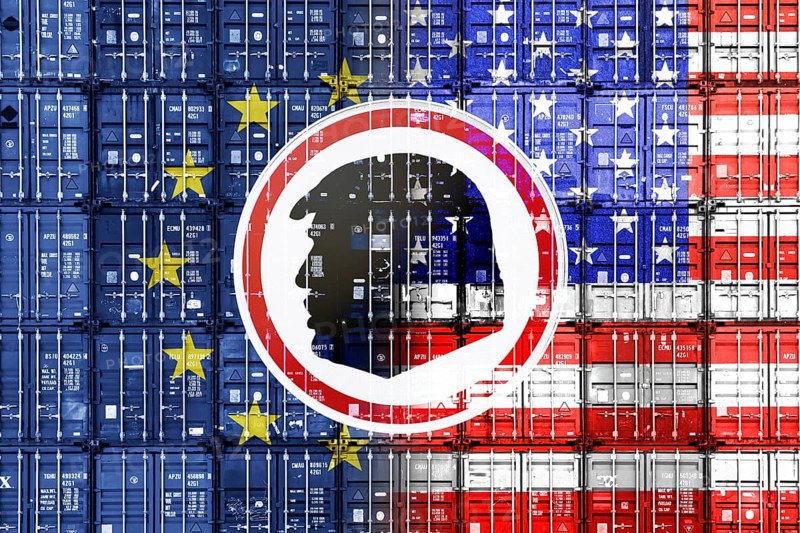 Sign with silhouette of Donald Trump in front of stacked containers with European and US flags, symbolic photo trade between the USA and Europe and import tariffs, photomontage