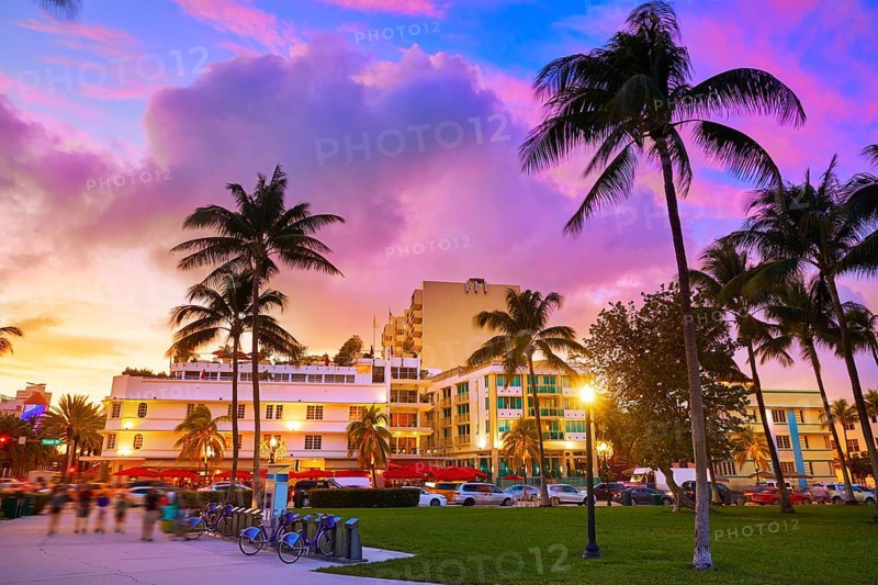 Miami Beach South Beach sunset in Ocean Drive Florida Art Deco