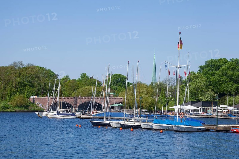 Krugkoppelbrücke with boat hire and Bobby Reich restaurant on the Outer Alster in spring, Harvestehude, Winterhude, Hamburg, Germany, Europe