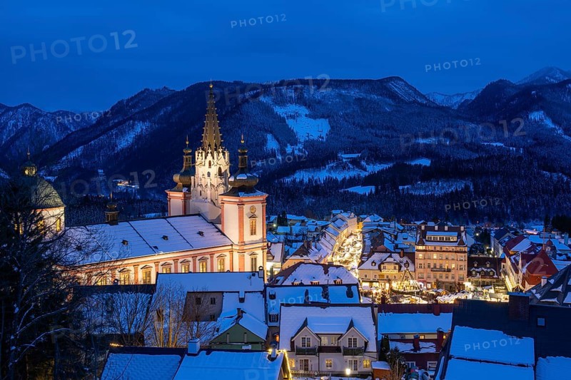 View of Mariazell illuminated for Christmas, basilica and main square, blue hour, Mariazell, Styria, Austria, Europe