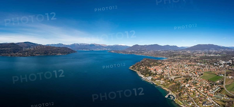 Drone landscape panorama of Lake Maggiore in the Italian Lake District and the village of Ispra