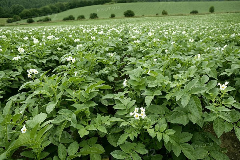 Green potatoes field in flowers on a summer afternoon