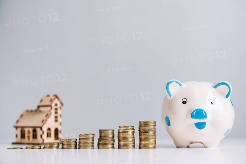 Stack increasing coins piggybank front house model