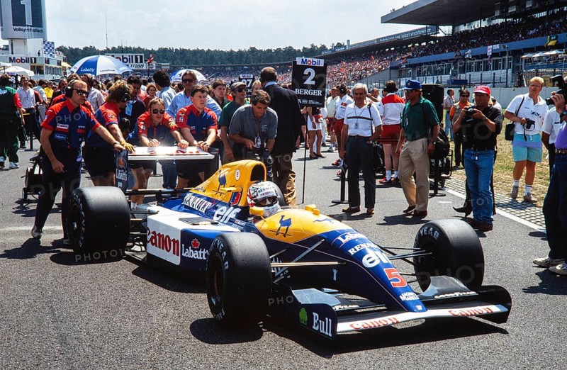 Racing driver Nigel Mansell, Formula 1, Team Williams Renault, car FW14, engine Renault RS3 3.5 V10, German Grand Prix at the Hockenheimring on 28 July 1991, Germany, Europe