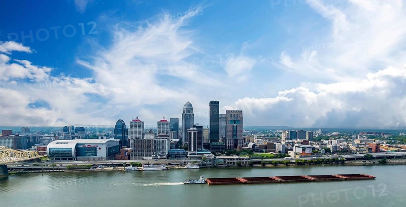 Aerial view of the city of Louisville, Kentucky on the Ohio River