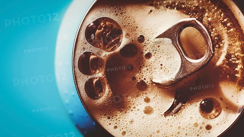 Frothing beer, cola or energy drink from open can, top view, copy space