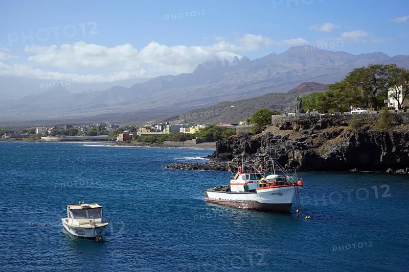 Fishing boat in the harbour, Monumento Memaia, Porto Novo, Santo Antao, Cape Verde Islands, Cape Verde, Africa