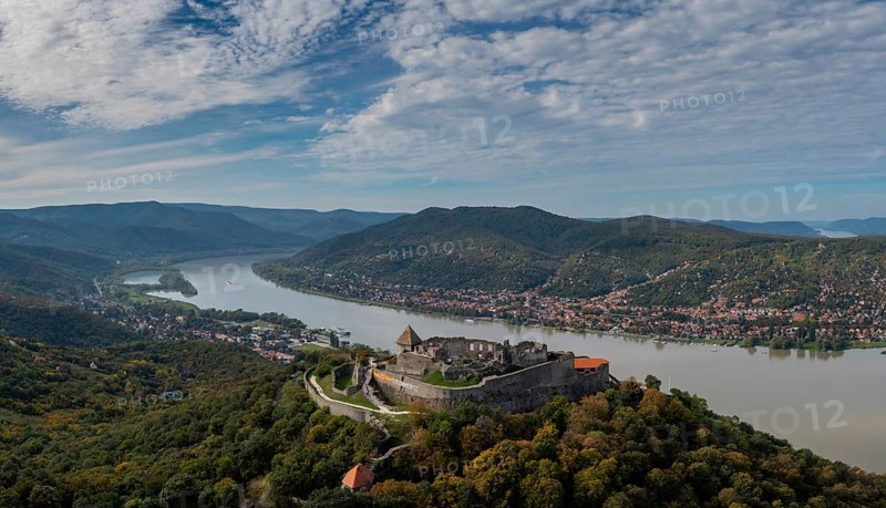 Visegrad, Hungary, 6 October, 2022: panorama landscape of the Danube Bend in Visegrad with the historic Visegrad Castle on the hilltop, Europe