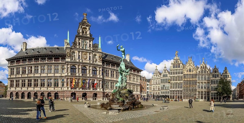 Panoramic photo of Antwerp City Hall (Stadhuis Antwerpen), the Brabo Fountain and the historic facades of the Guild Houses on the Grote Markt, Antwerp, Flanders, Belgium, Europe
