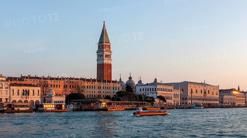 Morning light at sunrise, Doge's Palace and Campanile San Marco, panoramic view, Venice, Italy, Europe