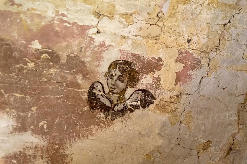Ancient wall painting in the church of Andrei Stratelates in the Novgorod Kremlin, the head of an angel. Velikiy Novgorod, Russia, Europe