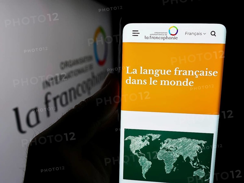 Stuttgart, Germany, 06-26-2024: Person holding cellphone with webpage of Organisation internationale de la Francophonie in front of logo. Focus on center of phone display, Europe