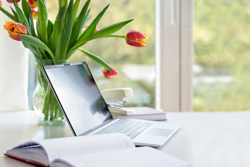 Laptop with organizer and a flower bouquet from tulips on a white desk by the window, business in the home office, copy space, selected focus, narrow depth of field