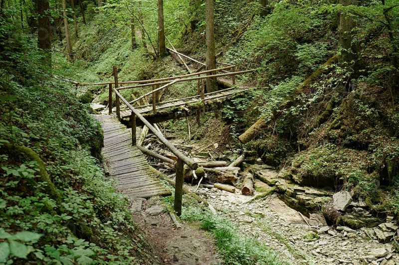 Bridge, narrow gorge, hiking trail, Tränkebach, Schluchtensteig, near Bachheim, southern Baar, Baden-Württemberg, Germany, Europe