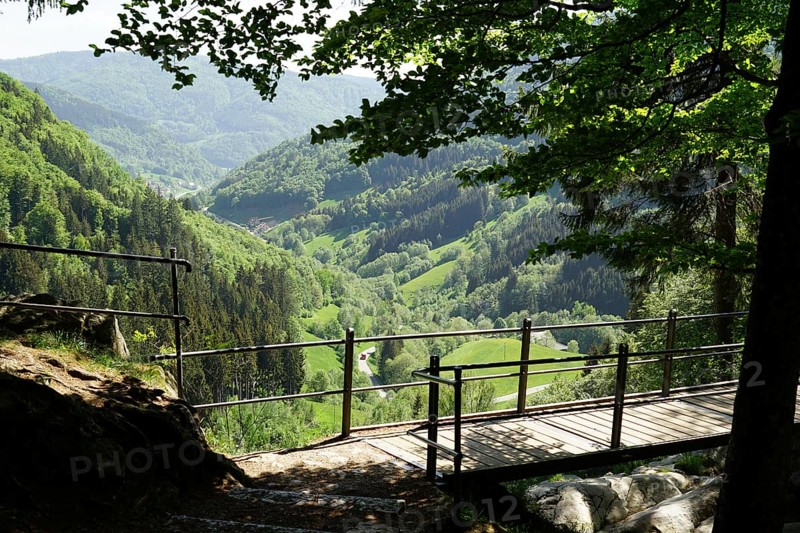 View from the Todtnau waterfall to the valley of the Stübenbach, high valley of Todtnauberg, Todtnauberger waterfall, Hangloch waterfall, Southern Black Forest, Upper Black Forest, Baden-Württemberg, Stübenbachtal, Germany, Europe