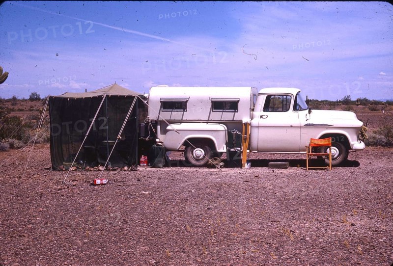 Camper, caravan, tent, 1950s, Florida or California, USA, North America