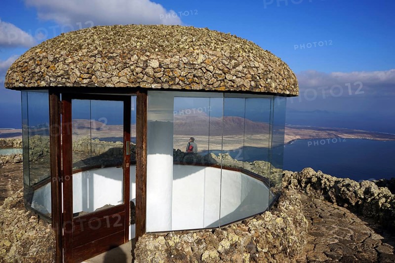 Mirador del Rio, designed by Cesar Manrique, top viewing platform, view over strait El Rio to island La Graciosa and Chinijo archipelago, Lanzarote, Famara Massif, Canary Islands, Spain, Europe