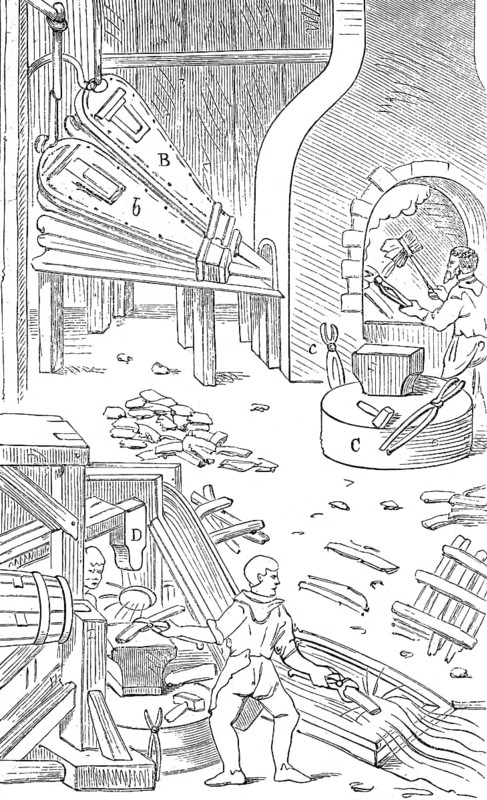 16th century forge with blower, anvil and hammer, after Georg Agricola, digitally enhanced reproduction of a 19th century model, historical