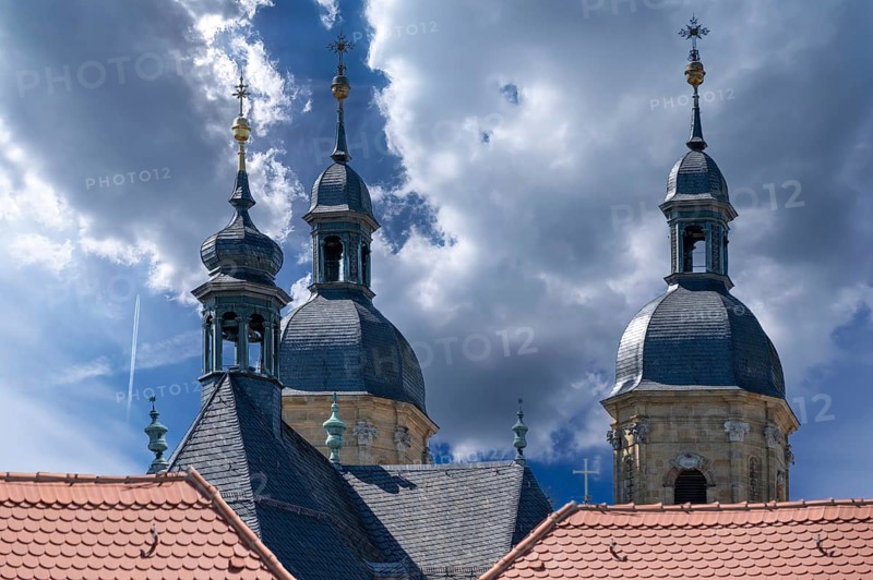 Bell towers of the parish and pilgrimage church of the Holy Trinity, basilica in Gößweinstein, Upper Franconia, Bavaria, Germany, Europe