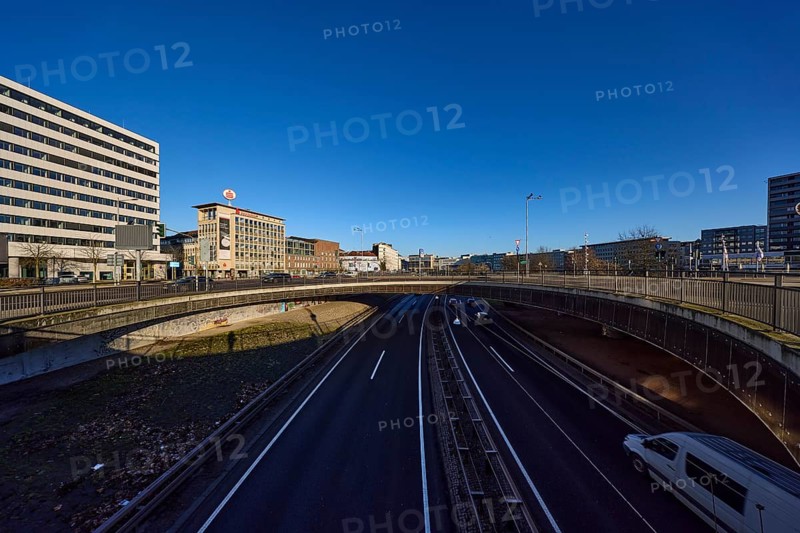 General architecture, modern architecture, Sparkasse Saarbrücken, roundabout, bridge, blue sky, cloudless, Wilhelm-Heinrich-Brücke, motorway A620, Saarbrücken, state capital, regional association Saarbrücken, Saarland, Germany, Europe