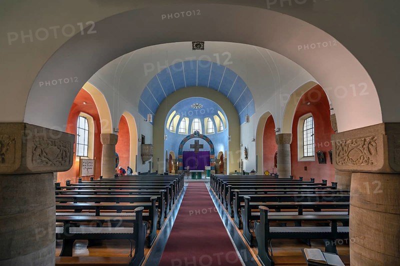 Interior with chancel of St Stephen's Church, Art Nouveau building with neo-Romanesque elements, built between 1908 and 1909, Adelsdorf, Middle Franconia, Bavaria, Germany, Europe