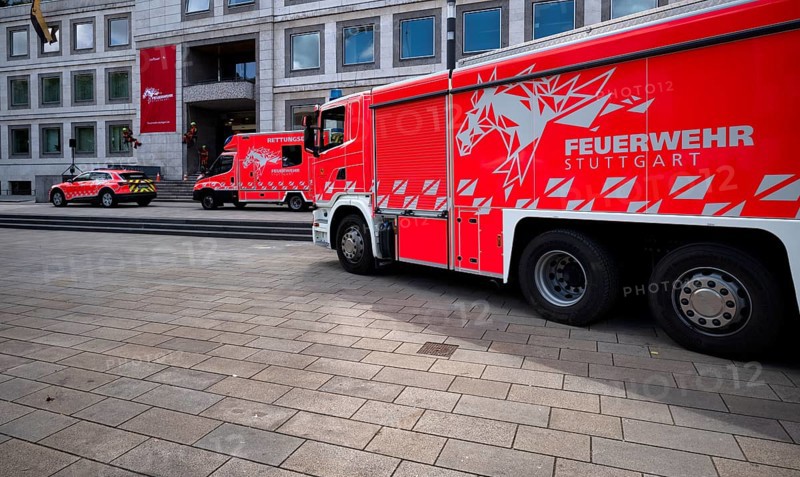 Presentation of new design, design language of the Stuttgart fire brigade, professional fire brigade, vehicle, fire engine, logo, Rössle, marketplace, Stuttgart, Baden-Württemberg, Germany, Europe
