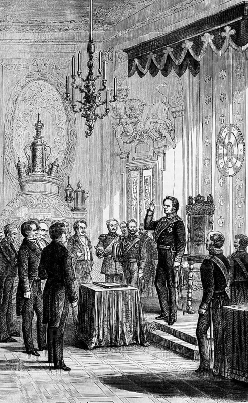 Frederick William IV takes the oath on the constitution, Emperor by the grace of God, rejection of the paper constitution, development of democracy, throne room in the imperial palace, delegates from Frankfurt, princes, Prussia, historical illustration 1884