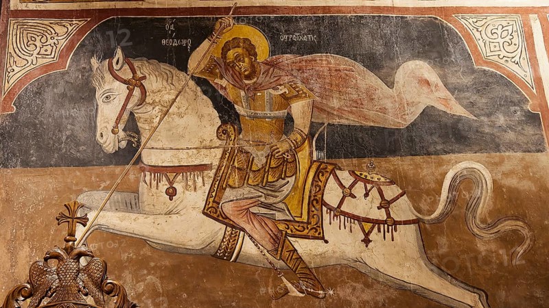 Religious depiction of an armoured rider on a white horse, Thari Monastery, Moni Thari, near Gadouras Reservoir, lonely mountain region, Rhodes, Dodecanese, Greek Islands, Greece, Europe