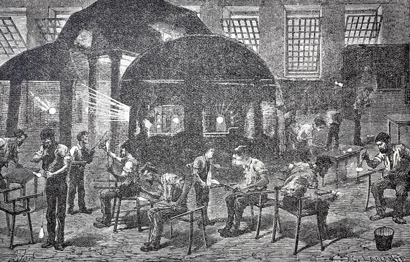 Workers in a glass factory around 1850, France, digitally enhanced reproduction of a 19th century model, historical, Europe
