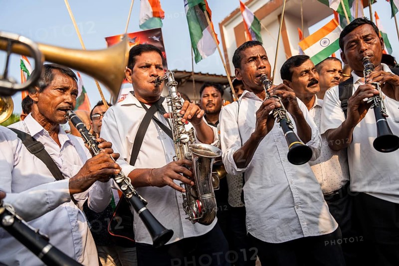 Band members play music as they take part in a rally, in soliderity with the Indian armed forces in Guwahati, India on 14 May 2025. A nationwide campaign Tiranga Yatra organized by the Bharatiya Janata Party (BJP) to honor the Indian armed forces' success in Operation Sindoor