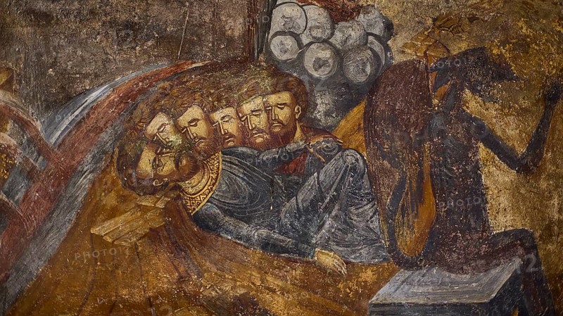 A fresco shows three crowned heads in a reclining pose next to a shadowy creature, Easter 2025, Church of the Dormition of the All-Holy God Bear, Kimisis tis Theotokou, Asklipio, Rhodes, Dodecanese, Greek Islands, Greece, Europe