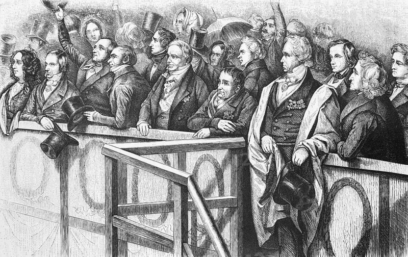 Homage to the new King Frederick William IV, Tribune in the first row, Henriette Paalzow, Peter von Cornelius, Diessenbach, Schönlein, Alexander von Humboldt, Ludwig Tieck, Karl Friedrich Schinkel, Christian Daniel Rauch, Brothers Grimm, Prussia, historical illustration 1884