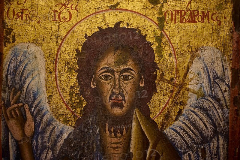 Detailed icon of a saint with golden elements and expressive painting, Museum of Icon Painting, Thari Monastery, Moni Thari, near Gadouras Reservoir, lonely mountain region, Rhodes, Dodecanese, Greek Islands, Greece, Europe