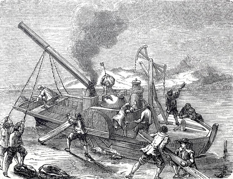 The people destroy the steamboat of Denis Papin (22 August 1647 to 26 August 1713), French physicist, mathematician and inventor, the paddlewheel boat was stopped by the Münden skippers' guild on 24 September 1707 in a dispute over passing rights and finally destroyed on 27 September, digitally enhanced reproduction of a 19th century model, historical