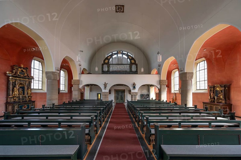 Interior with organ loft of St Stephen's Church, Art Nouveau building designed with neo-Romanesque components, built between 1908 and 1909, Adelsdorf, Middle Franconia, Bavaria, Germany, Europe