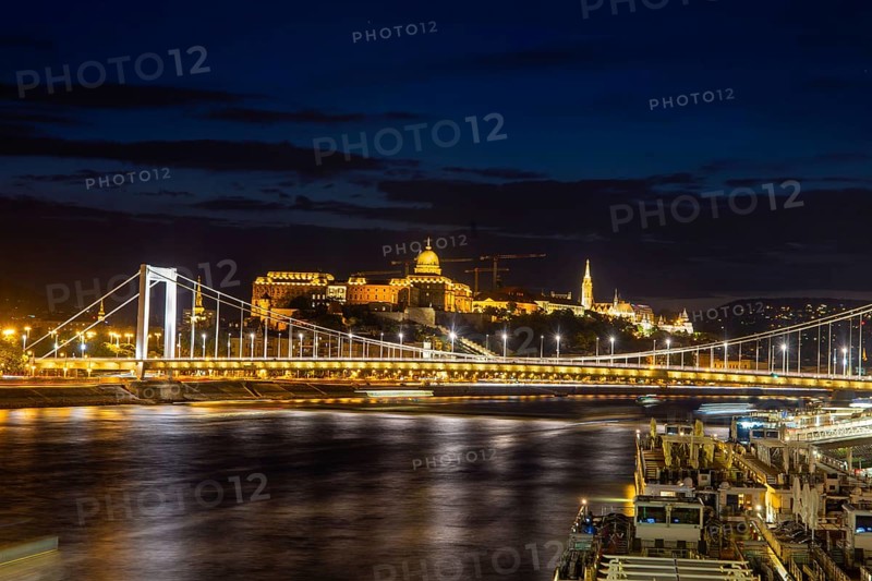 Budapest at night with the Danube, the illuminated Elisabeth Bridge and the illuminated Castle Palace