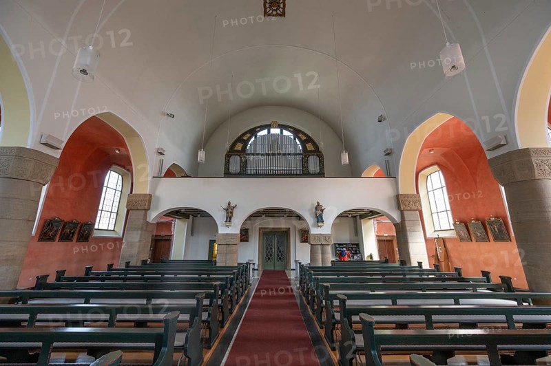 Interior with organ loft of St Stephen's Church, Art Nouveau building designed with neo-Romanesque components, built between 1908 and 1909, Adelsdorf, Middle Franconia, Bavaria, Germany, Europe