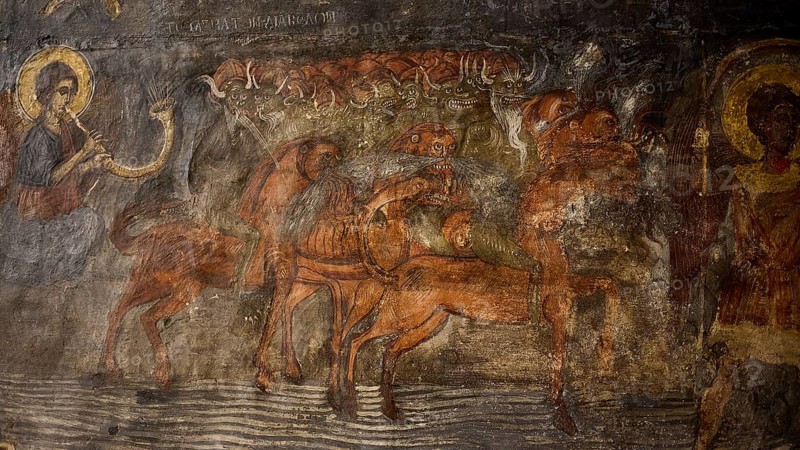 Fabulous creatures with horns and hooves appear in the fresco in an active and dynamic scene, Easter 2025, Church of the Dormition of the All-Holy God Bear, Kimisis tis Theotokou, Asklipio, Rhodes, Dodecanese, Greek Islands, Greece, Europe