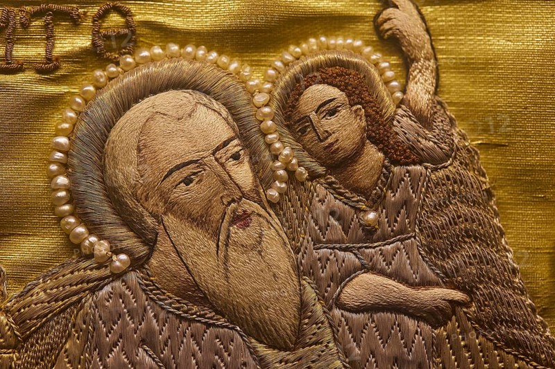 Detailed embroidery of a saint with pearl jewellery on golden fabric, Museum of Icon Painting, Thari Monastery, Moni Thari, near Gadouras Reservoir, lonely mountain region, Rhodes, Dodecanese, Greek Islands, Greece, Europe