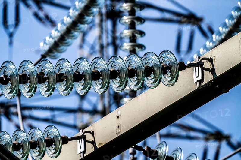 Transformer station, from Westnetz, here different voltage levels of electric current are connected, made usable for the consumer, glass insulators, electrical insulation and mechanical support for overhead lines, Essen, North Rhine-Westphalia, Germany, Europe