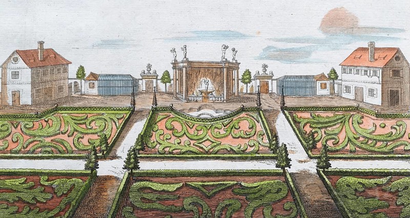 Baroque garden, detail, hand-coloured copper engraving or copper etching by Johann Christoph Volkamer or Volckamer, from Nürnbergische Hesperides oder gründliche Beschreibung der Edlen Citronat, Citronen, und Pomerantzen-Früchte, Nuremberg 1708, 1714
