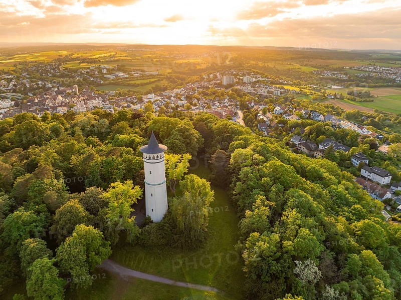 Landscape with tower in the forest at sunset and view of the village, Engelberg Tower, Leonberg, Germany, Europe