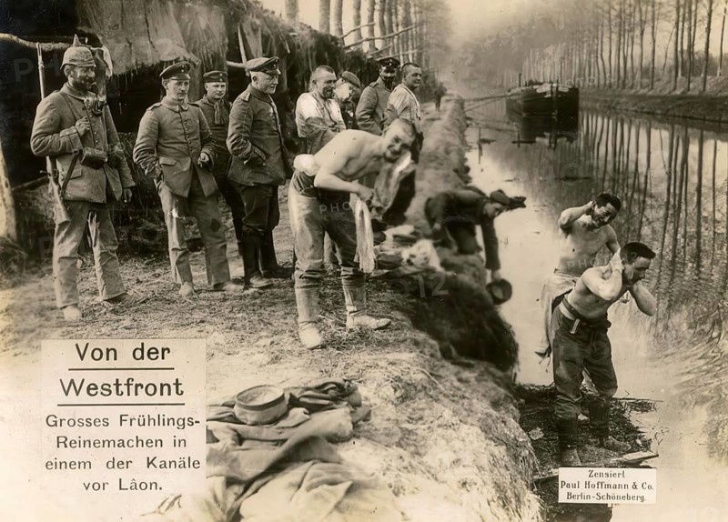 From the Western Front Big spring cleaning in one of the canals off Laon, 1914 - 1918, World War I, reproduction of a war postcard