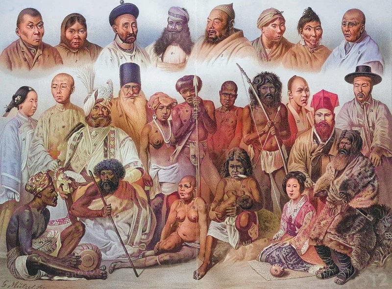 Types of Asian peoples: 1. Jukagire, 2. Ostjakin, 3. Mongol, 4. Rajput, 5. Kirghiz, 6. Tungusin, 7. Yakutin, 8. Tibetan, 9. Chinese, 10. Chinese, 11. Sinhalese, 12. Kashmiri, 13. Persian, 14. Malay, 15. Malay, 16. Toda, 17. Andaman, 18. Andamanese, 19. Wedda, 20. Negrito, 21. Japanese, 22. Japanese woman, 23. man from Liukiu, 24. Korean, 25. Ainu, coloured wood engraving, reproduction of a model from ca 1888, historical, depiction of various people from different cultures in traditional dresses