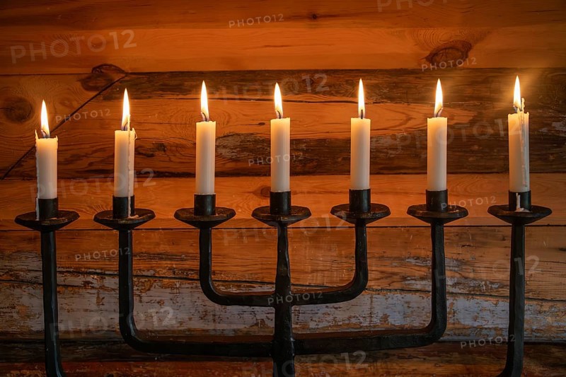 Seven-armed candlestick with burning candles, chapel, Fokstugu farm, Fjellstue, pilgrims' accommodation, mountain hut, Olavsweg, Olavsleden or Pilgrimsleden, Dovrefjell-Sunndalsfjella National Park, Norway, Europe