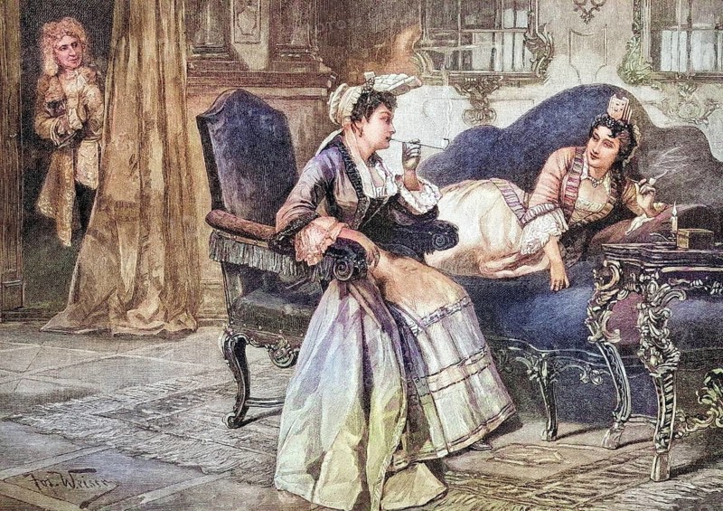 The secret smokers, Women smoking unobserved in a room, coloured wood engraving, Reproduction from a model from ca 1888, Historical, Two woman in elegant dresses are talking in a salon, a man is looking through the curtain