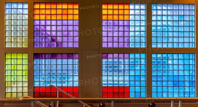 Colourful mosaic glass windows in the foyer of the Berlin State Library, Germany, Europe