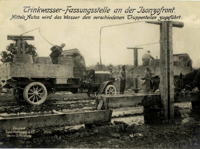 Drinking water collection point on the Isonzo front. The water is supplied to the various troop units by car, 1914 - 1918, World War I, reproduction of a war postcard