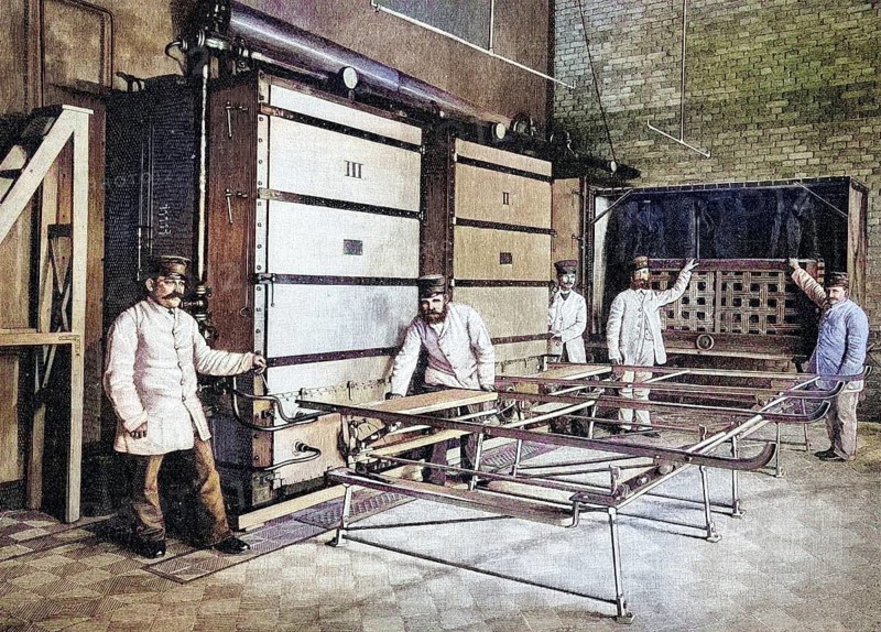 In Berlin's first public disinfection plant, Berlin, Germany, coloured wood engraving, reproduction of an original from ca 1888, historical, workers operating large machines and ovens in a historical factory hall, Europe
